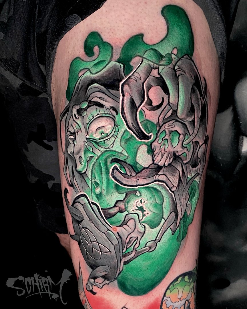 New School tattoo by Aaron Schirmer